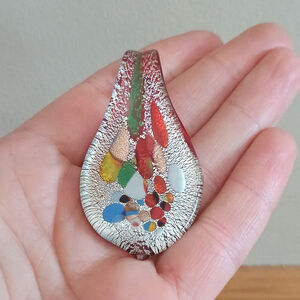 Art Glass Multicolor Dichroic Glitter Teardrop Pendant Red Silver